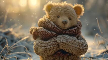 Cuddly bear in a cozy sweater gives a warm hug to the white void - obrazy, fototapety, plakaty