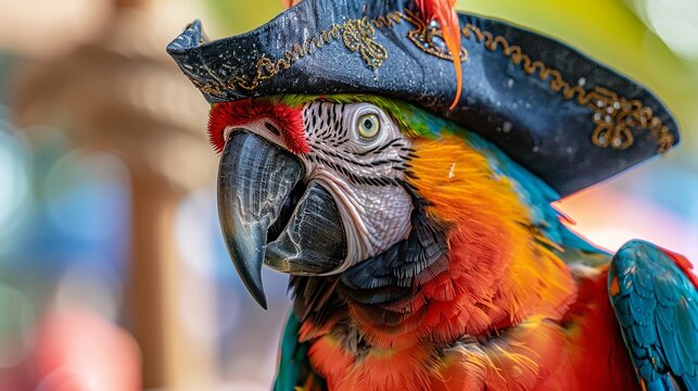 Bold parrot with a pirate hat squawks loudly against a white canvas