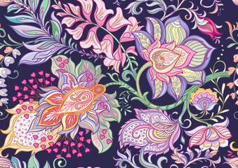 Fototapeta na wymiar Fantasy flowers in retro, vintage, jacobean embroidery style. Seamless pattern, background. Vector illustration.