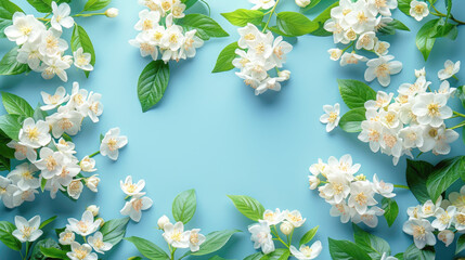 Jasmine flowers, white with green leaves, a large bouquet arranged on elegantly on a pastel blue...