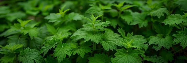 Vivid green nettle plants thriving in abundance, with their leaves filling the frame in a lush, natural carpet.