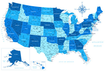 United States - Highly Detailed Blue Colored Vector Map of the USA. Ideally for the Print Posters. - obrazy, fototapety, plakaty