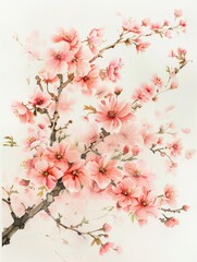 Fototapeta premium watercolor painting of a sakura branch with light pink flowers Chinese