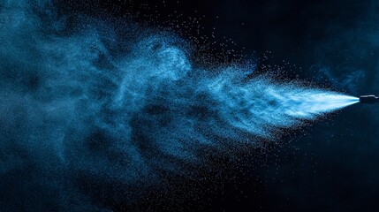 Precision spray painting with blue mist against stark black background