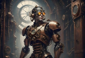 Fototapeta na wymiar Steampunk Cyborg Man with Mechanical Parts and Gears, Generative AI