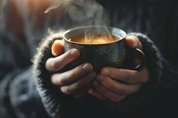 a person's hands holding a steaming cup of tea, conveying warmth and comfort on a cold day