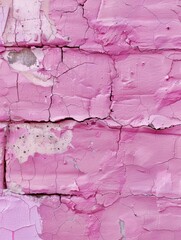 Vertical image capturing the textured detail of a faded pink brick wall with flaking layers of paint, ideal for designers.