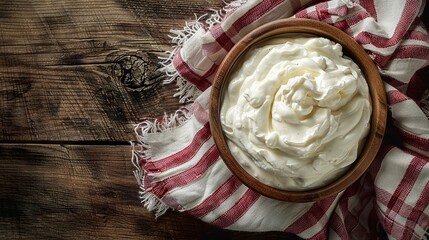 Overhead shot of natural yogurt in a round bowl with a country-style red and white napkin - obrazy, fototapety, plakaty