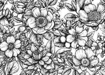 Blooming tree rose, rose flowers on branches. with sparrow, finches, butterflies, dragonflies. Seamless pattern, background. Vector illustration. Chinoiserie, traditional oriental botanical motif.