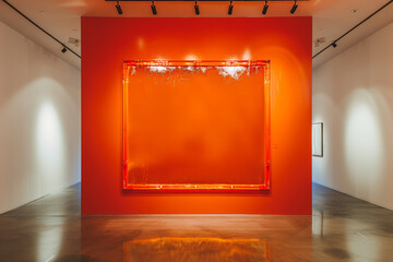 An art gallery with a deep orange wall, illuminated by track lighting that highlights an empty, glossy orange frame. The surrounding space is minimalistic, emphasizing the bold color choice.