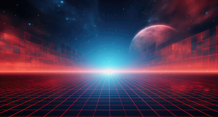 Red grid floor line on a glow neon night red grid background, arcade game, music poster, outer...
