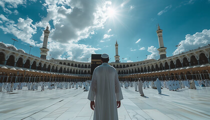 man in white jubah standing in front of kaaba mecca