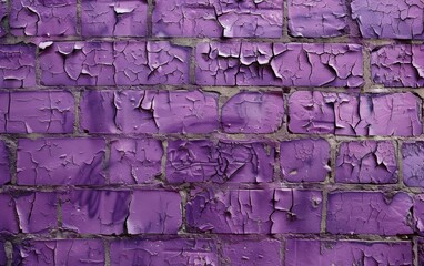 Wide landscape view of a faded purple brick wall, showcasing the beauty of imperfection with its peeling paint and cracks.