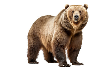 A majestic brown bear standing confidently against a stark white background