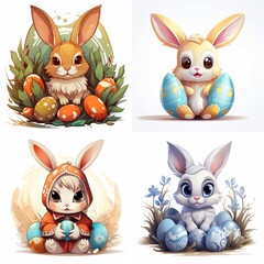 set of cute easter rabbits isolated on white background