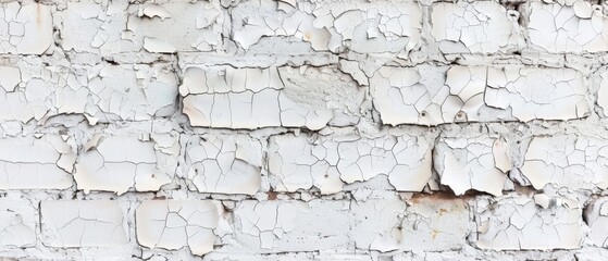 This expansive shot features a white brick wall with layers of peeling paint, capturing the...