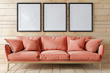 A bright and airy Scandinavian living room with a coral sofa against a light oak wall. Three empty mock-up poster frames in a shiny black finish stand out above the sofa, ready to anchor any artwork. 
