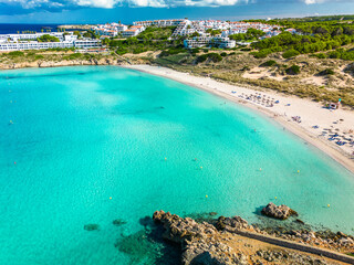 Areal drone view of Arenal de Son Saura beach at Menorca island, Spain - 772484831