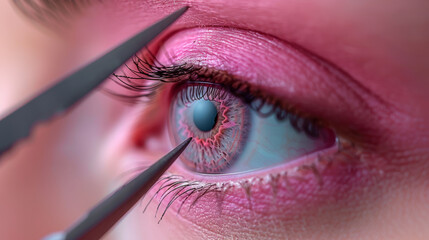 A close-up captures a woman meticulously grooming her eyelashes and eyebrows with tweezers against a soft pink background. - obrazy, fototapety, plakaty