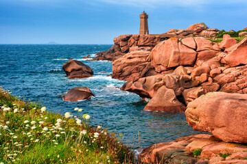 Mean Ruz Lighthouse on the Pink Granite Coast of Brittany, France - 772485259