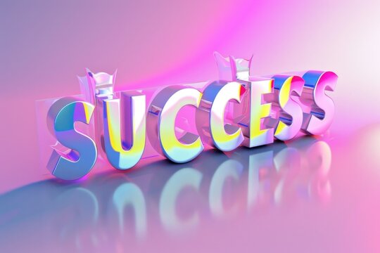 3D text "SUCCESS" with a broken glass effect and colorful gradient on a reflective surface, pink and blue background.