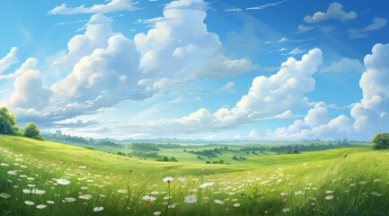 scenic view of a grassy field with flowers and beautiful clouds in a spring day