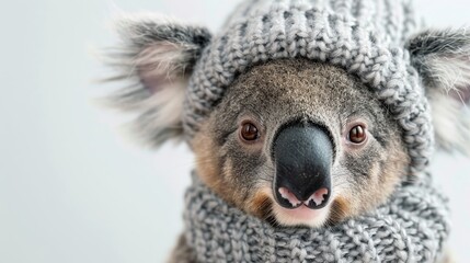 Obraz premium Shy koala in a soft beanie looks away on a stark white backdrop