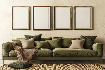 A cozy Scandinavian living room with an olive green sofa set against a cream wall. Four blank empty mock-up poster frames in a dark chocolate finish hang above the sofa, 