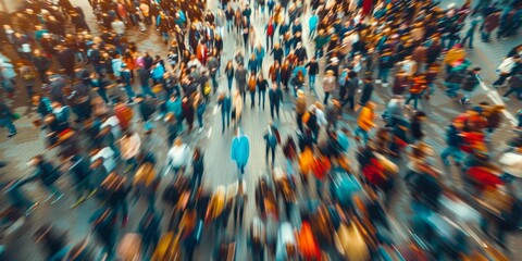 ariel view of a blurred crowd of people walking