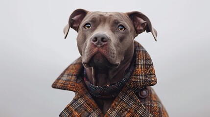 Dapper dog in a tweed jacket poses with poise on a white landscape