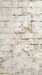 Wide shot of a white brick wall showing extensive peeling and textural decay over its expansive surface.