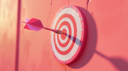Dart hits the bullseye on a pink and white target against a peach backdrop
