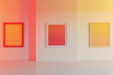 A minimalist white art gallery space showcasing three empty wall mock-ups. The walls are adorned with frames in a sequence of red, orange, and yellow, each set against a wall of the same color. 
