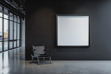 A modern art gallery interior, where a jet-black wall contrasts sharply with a sleek, empty carbon...