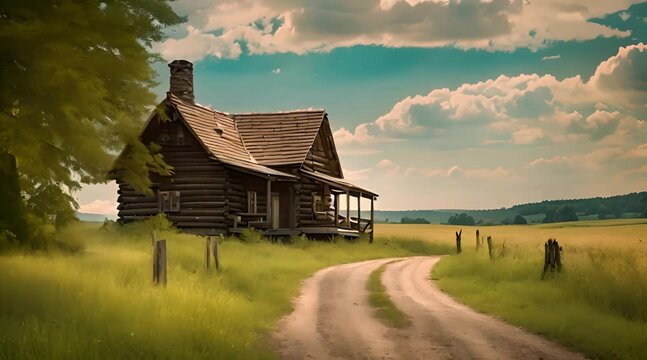 A country road filled with the smell of hay and birds singing, leading to a charming log cabin.