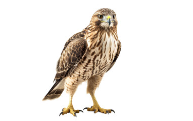 A majestic brown and white bird of prey perched on a white background