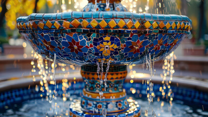 Mosaic-tiled fountain with flowing water.