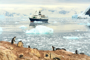 Tourist ship in the waters of the Antarctic Ocean