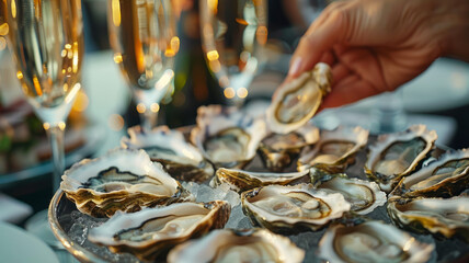 A person holding an oyster with champagne glasses.