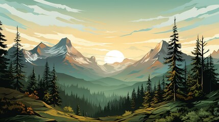 High rock mountain view wallpaper, with pine trees , with sunlight, green and yellow blur background , Generate AI - obrazy, fototapety, plakaty