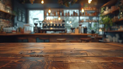 Wooden countertop in a cozy dimly lit cafe with blurred background