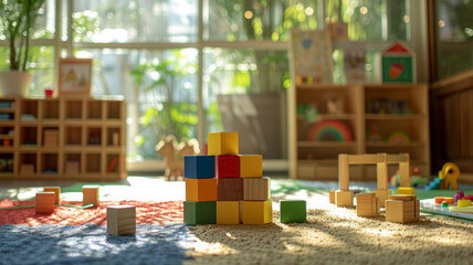 Colorful toy blocks in a sunny playroom