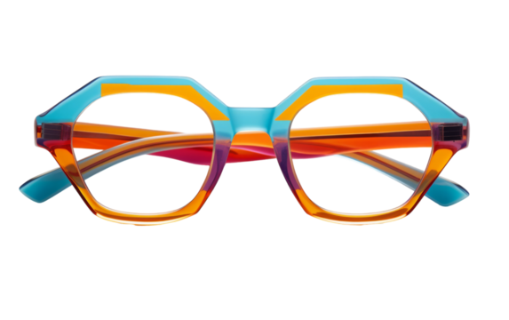 Two pairs of glasses with strikingly different colored frames, showcasing a bold and unconventional style