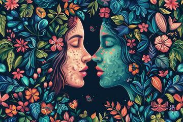 Illustration of two women kissing with vegetal background and great color