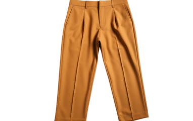 A pair of brown trousers elegantly draped on a white background