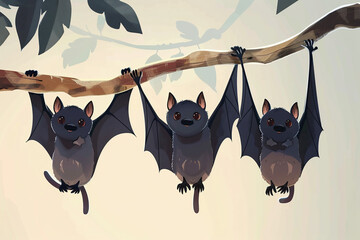Funny bats hanging from the branch of a tree. - obrazy, fototapety, plakaty