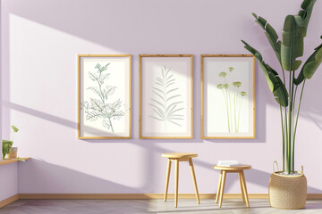 A serene living room scene, adopting Scandinavian design principles, with a soft lavender wall. Three mock-up poster frames, each in a light oak finish, display botanical illustrations