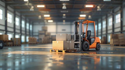 Forklift approaching wooden pallet with cardboard box in a bright warehouse - obrazy, fototapety, plakaty