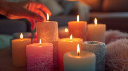 Fototapeta na wymiar Hand lighting various candles.