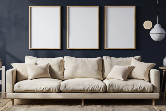 A serene Scandinavian living room featuring a beige sofa against a dark navy wall. Three blank mock-up poster frames in a light oak finish provide a warm and natural contrast above the sofa. 